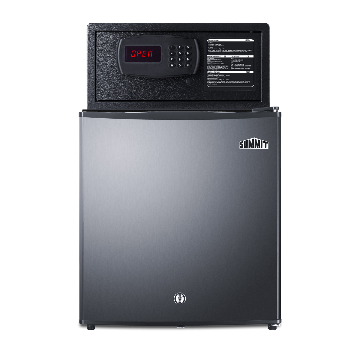 Compact minibar with front lock and stainless steel exterior with an in-room hotel safe in stainless steel with digital keypad lock